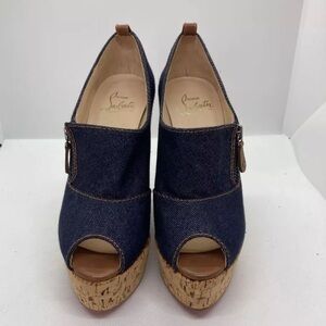 New Christian Louboutin DEROBA Indigo Denim Peep Toe Cork Wedge Heels EU 37